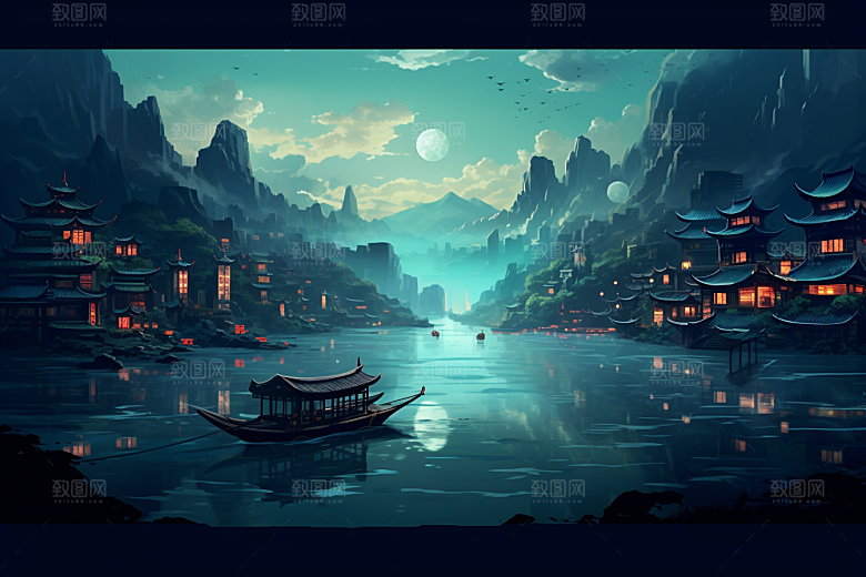 中国风山水江南水乡水墨插画