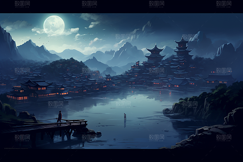 中国风山水语文课本配图江南水乡插画