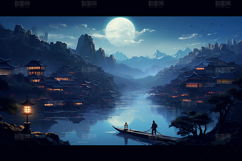 中国风山水中式建筑水墨插画