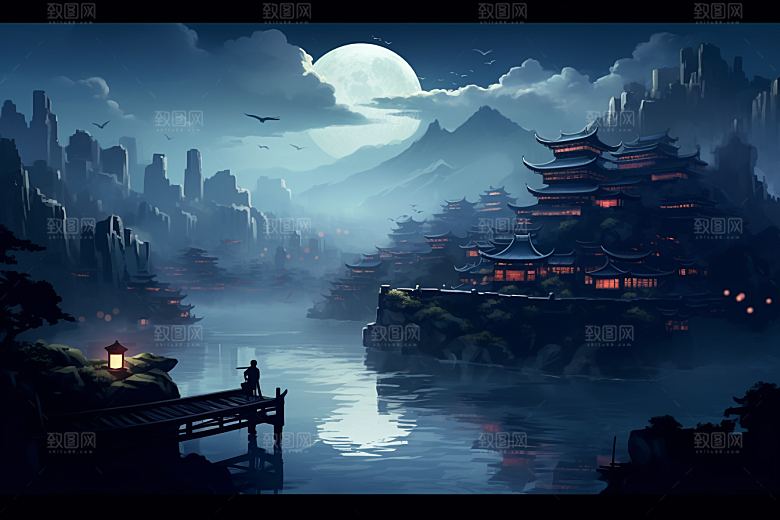 中国风山水江南水乡手绘插画