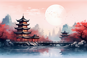中国风山水语文课本配图中式建筑插画