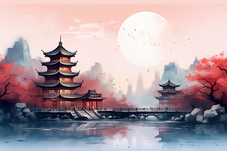 中国风山水语文课本配图中式建筑插画