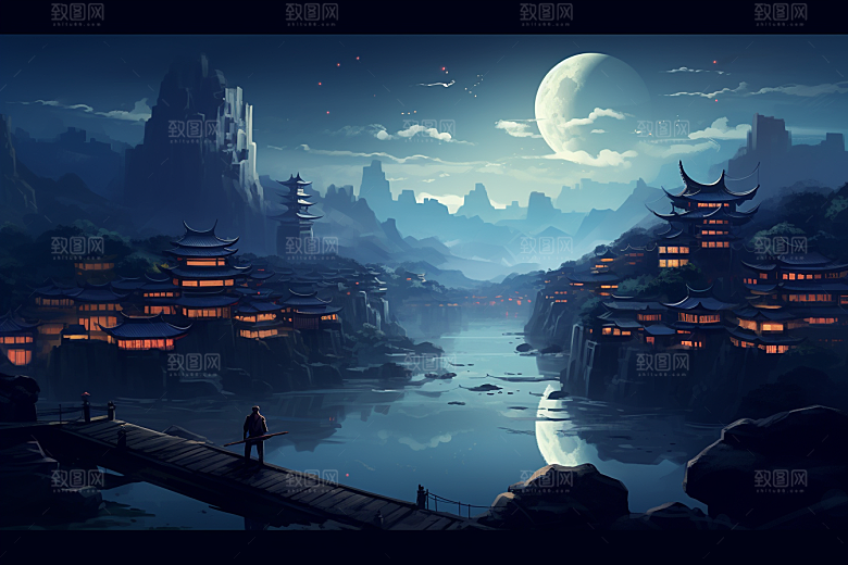 中国风山水手绘中式建筑插画