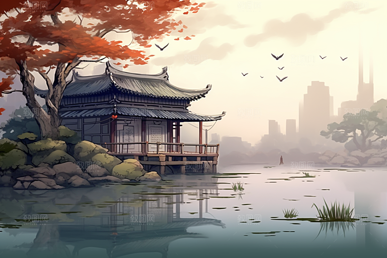 中国风山水手绘江南水乡插画