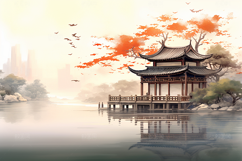 中国风山水手绘江南水乡插画