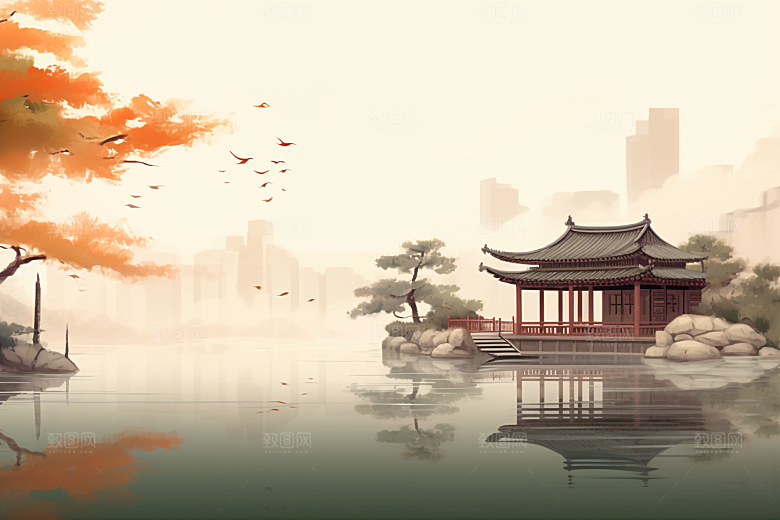 中国风山水江南水乡中式建筑插画