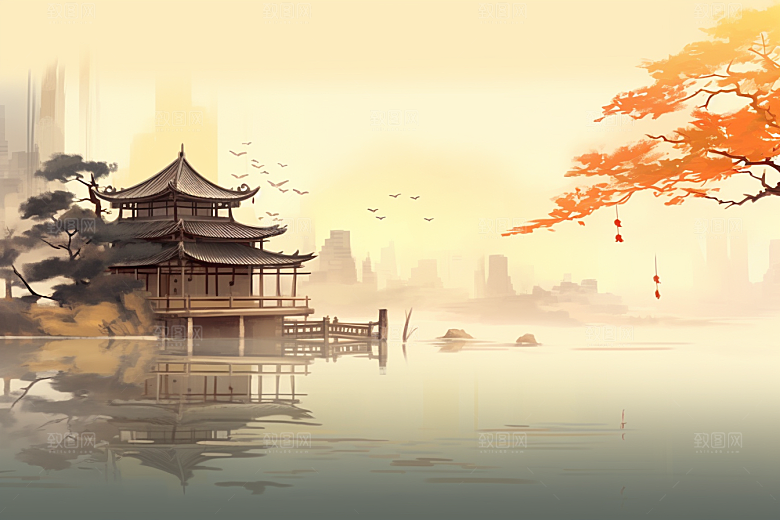 中国风山水语文课本配图手绘插画