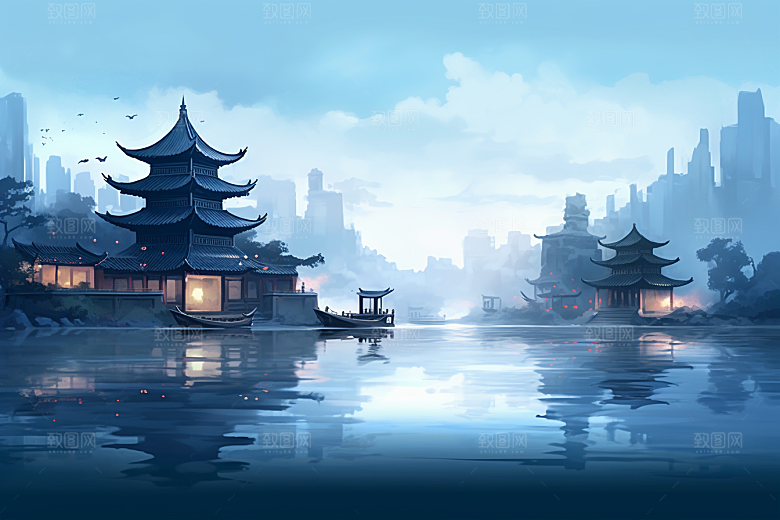 中国风山水江南水乡语文课本配图插画