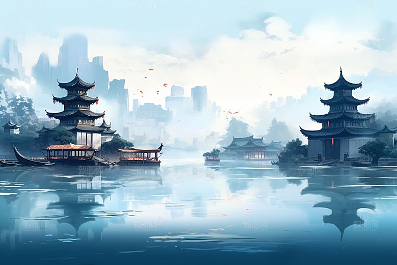 中国风山水中式建筑水墨插画