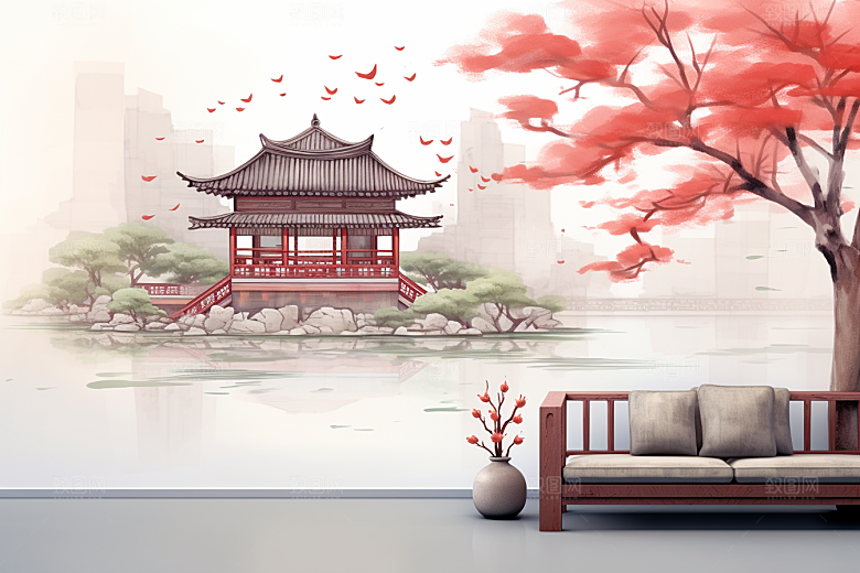 中国风山水江南水乡水墨插画