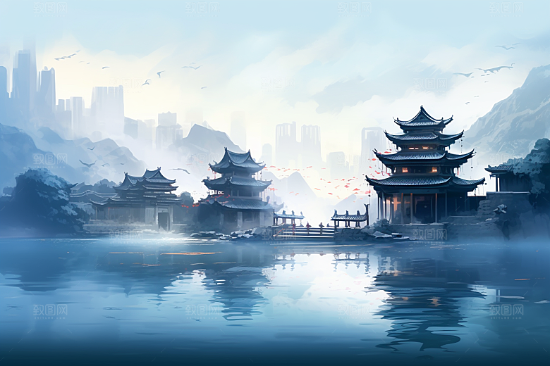 中国风山水语文课本配图手绘插画