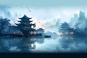 中国风山水中式建筑手绘插画