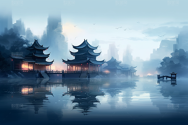 中国风山水江南水乡水墨插画