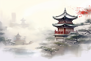 中国风山水中式建筑手绘插画