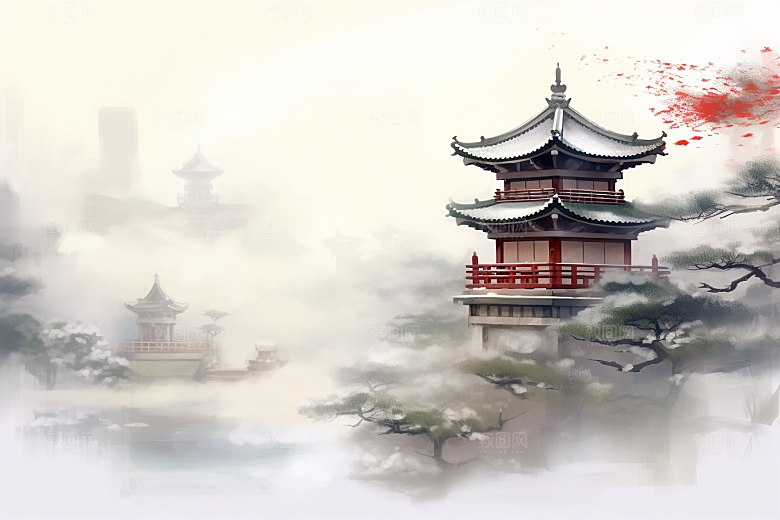 中国风山水中式建筑手绘插画