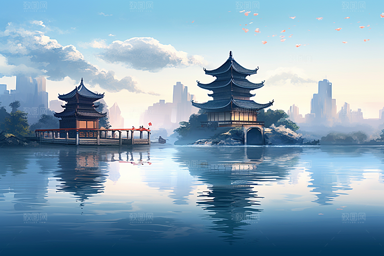 中国风山水水墨江南水乡插画