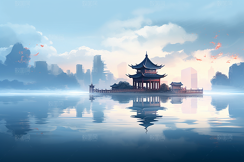 中国风山水语文课本配图手绘插画