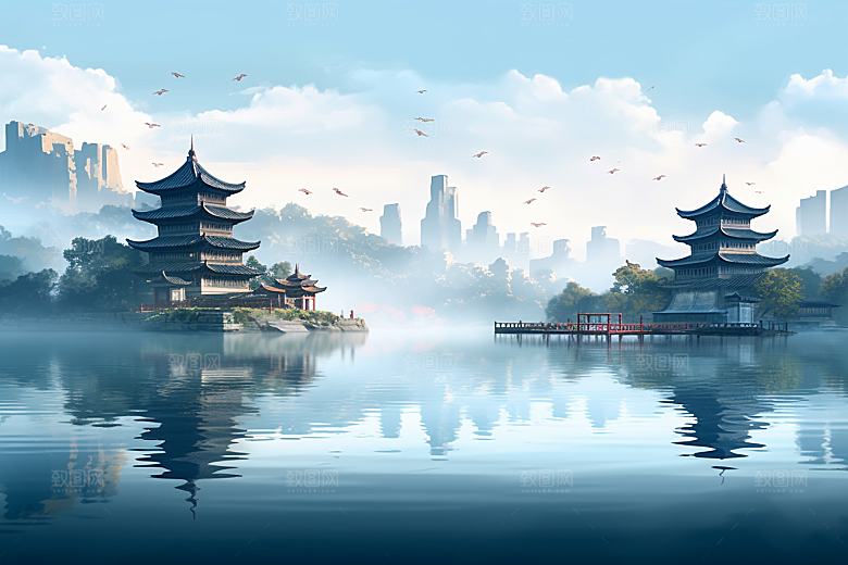 中国风山水江南水乡语文课本配图插画