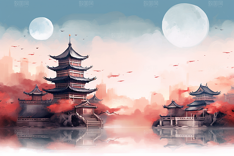 中国风山水中式建筑语文课本配图插画