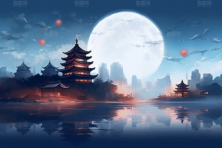 中国风山水江南水乡手绘插画
