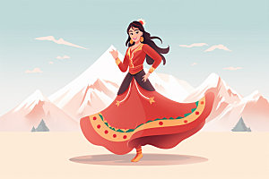 藏族人物载歌载舞舞蹈插画