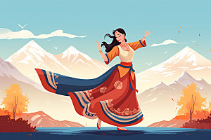 藏族人物舞蹈载歌载舞插画