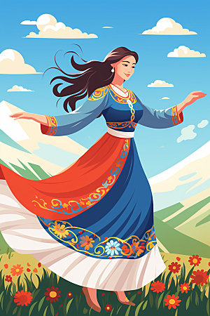 藏族人物载歌载舞传统插画