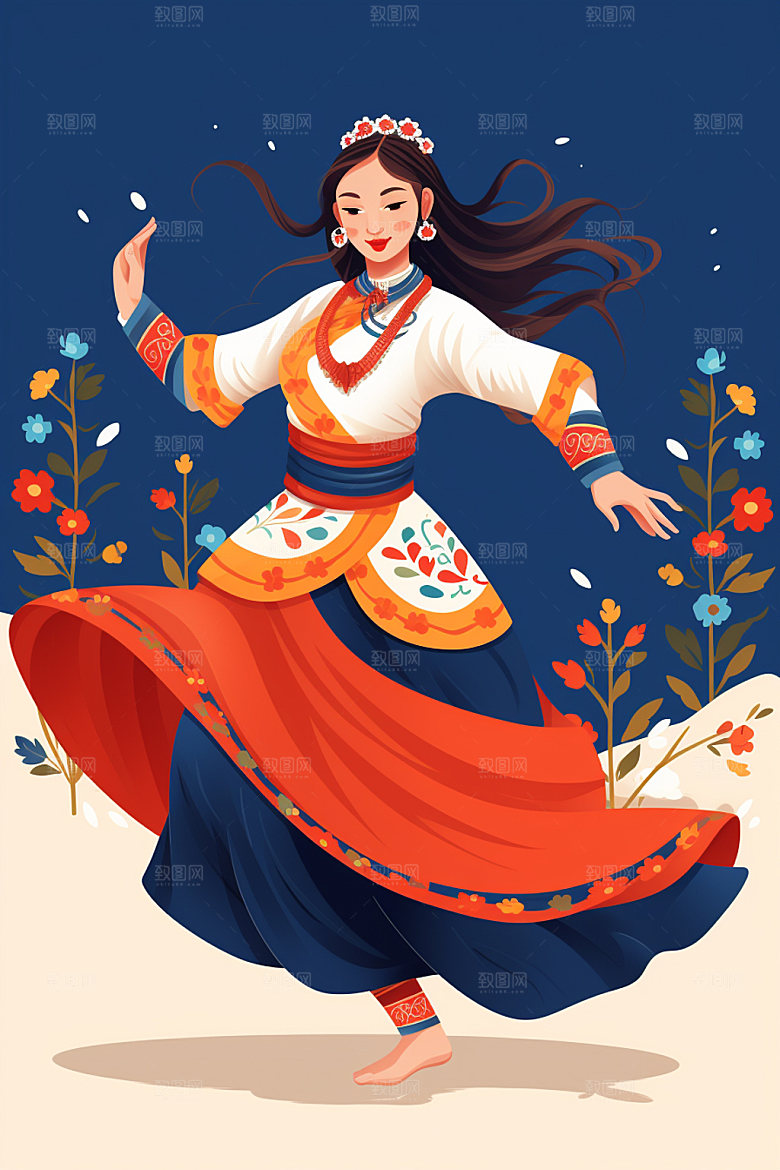 藏族人物手绘载歌载舞插画