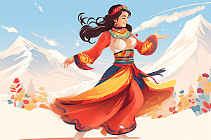 藏族人物传统载歌载舞插画