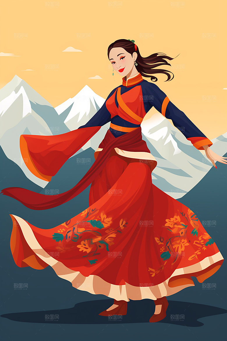 藏族人物舞蹈传统插画