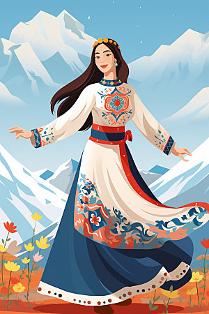 藏族人物手绘舞蹈插画