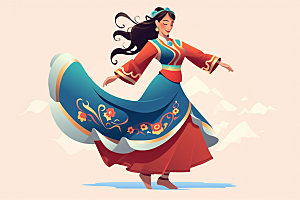 藏族人物载歌载舞传统插画