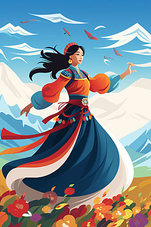 藏族人物形象载歌载舞插画