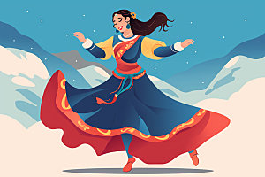 藏族人物舞蹈传统插画