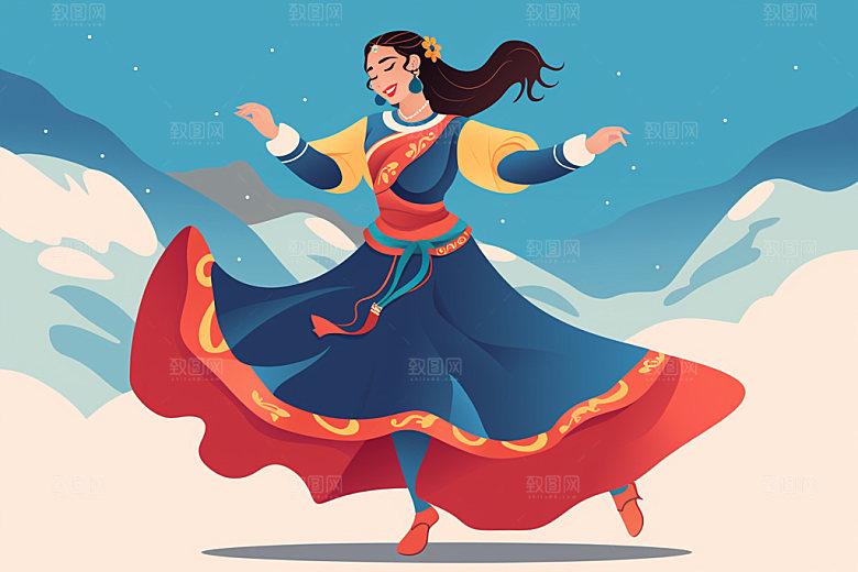 藏族人物舞蹈传统插画