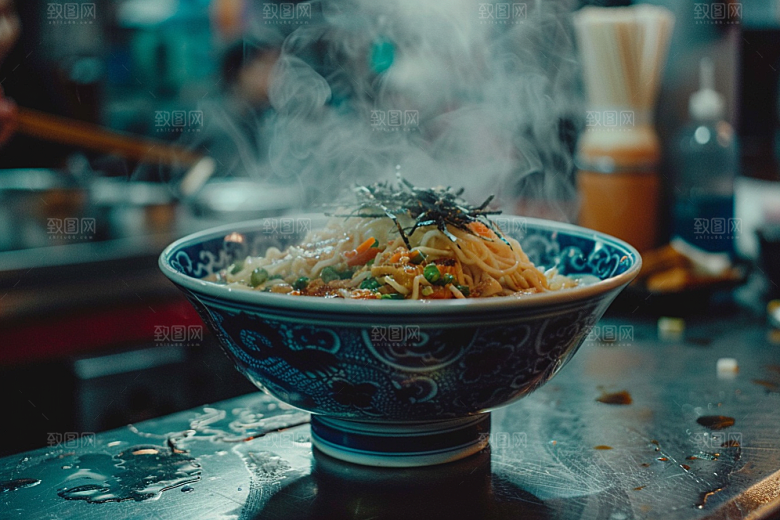 早餐面条热气腾腾美味摄影图