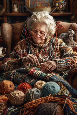 母亲织毛衣老人温暖摄影图