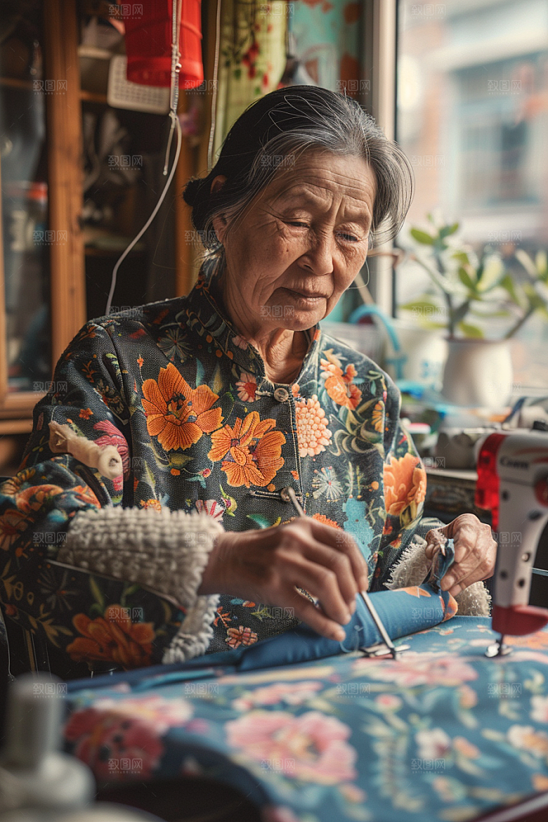 母亲织毛衣老人背影摄影图