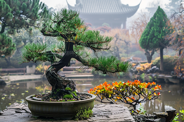 黑松盆景中式植物摄影图