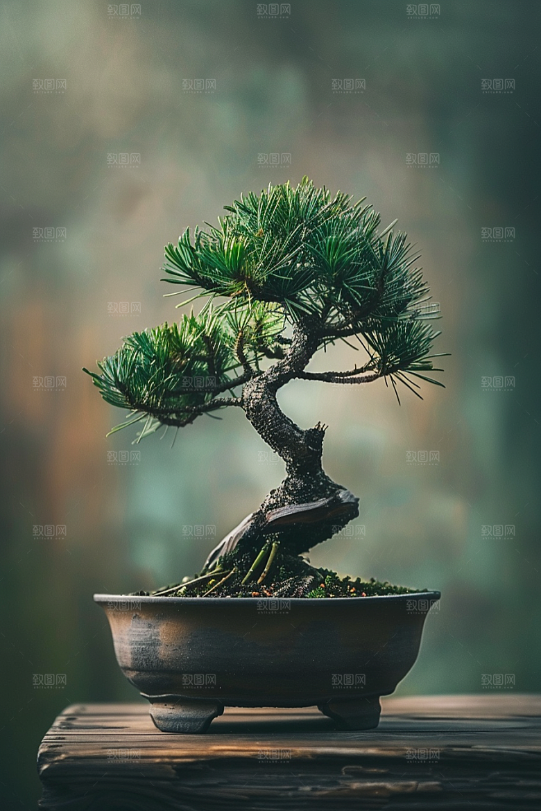 黑松盆景植物优雅摄影图
