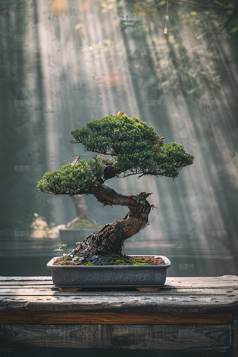 黑松盆景优雅日式摄影图