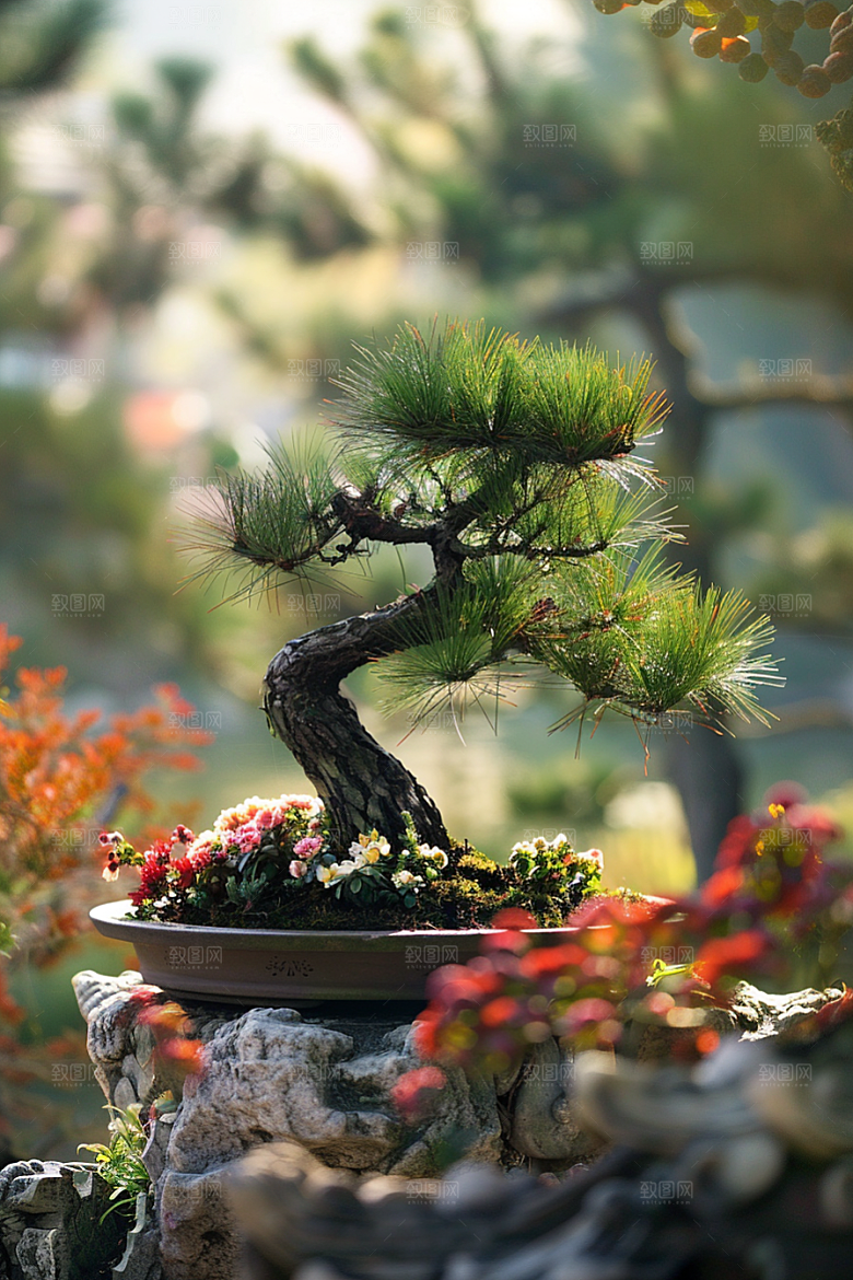 黑松盆景植物庭院摄影图
