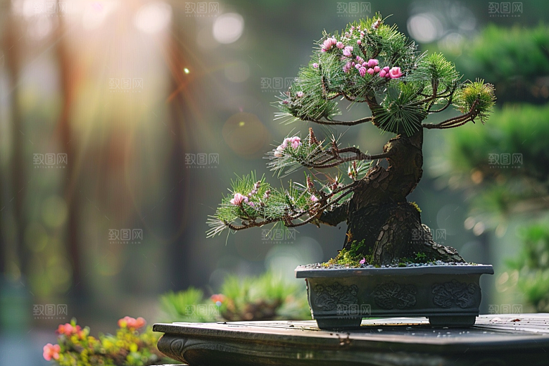 黑松盆景植物优雅摄影图