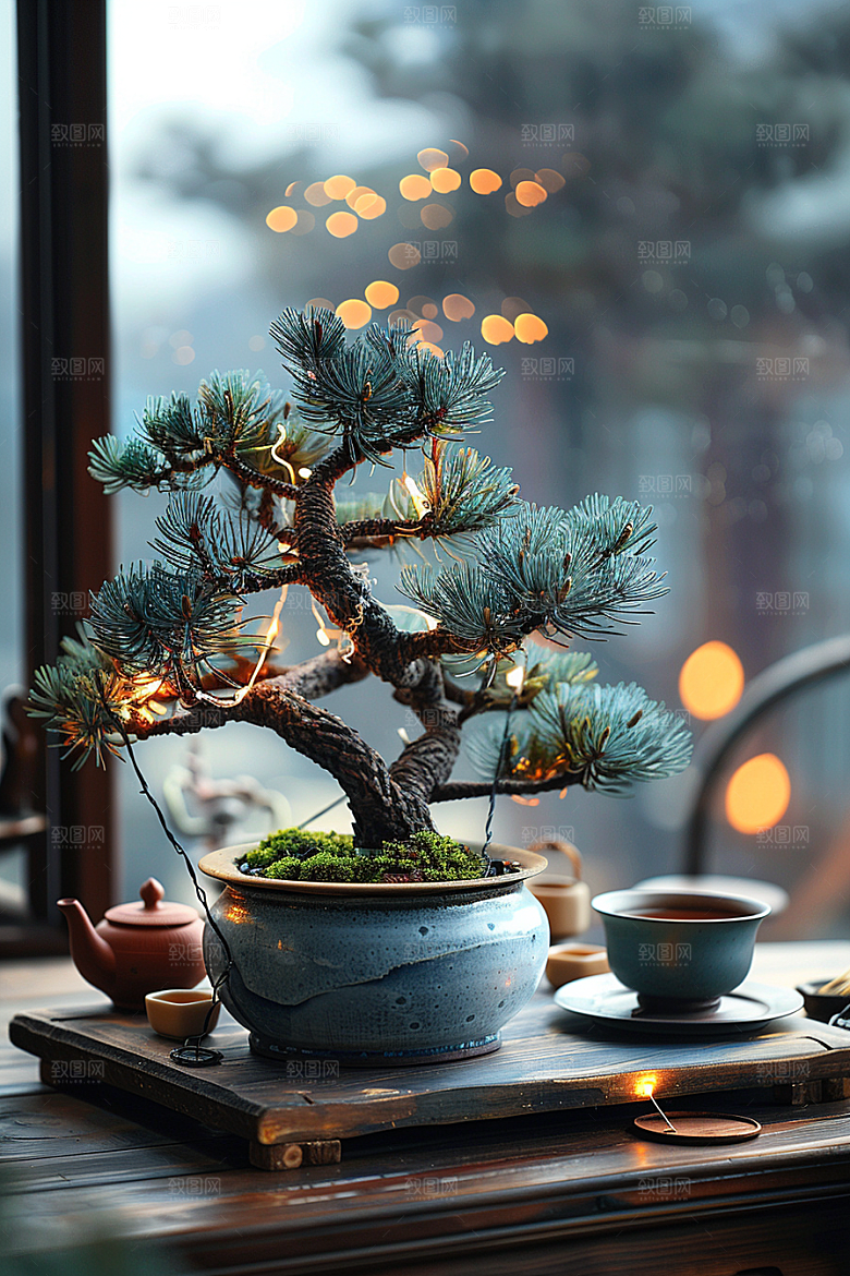 黑松盆景高雅植物摄影图