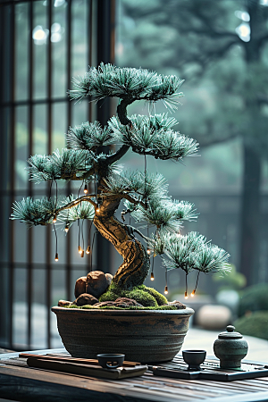 黑松盆景文化植物摄影图