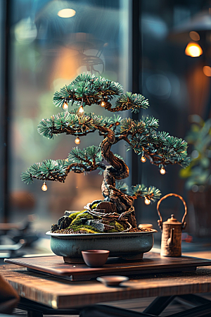 黑松盆景庭院中式摄影图