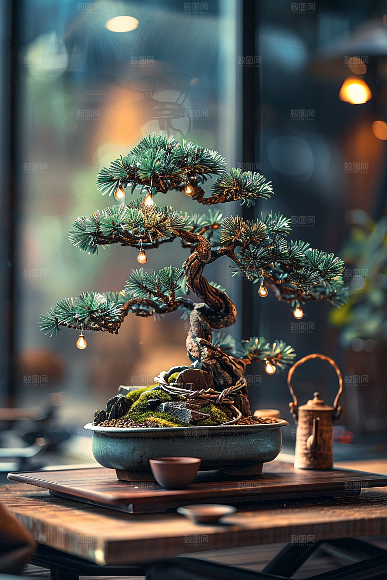 黑松盆景庭院中式摄影图