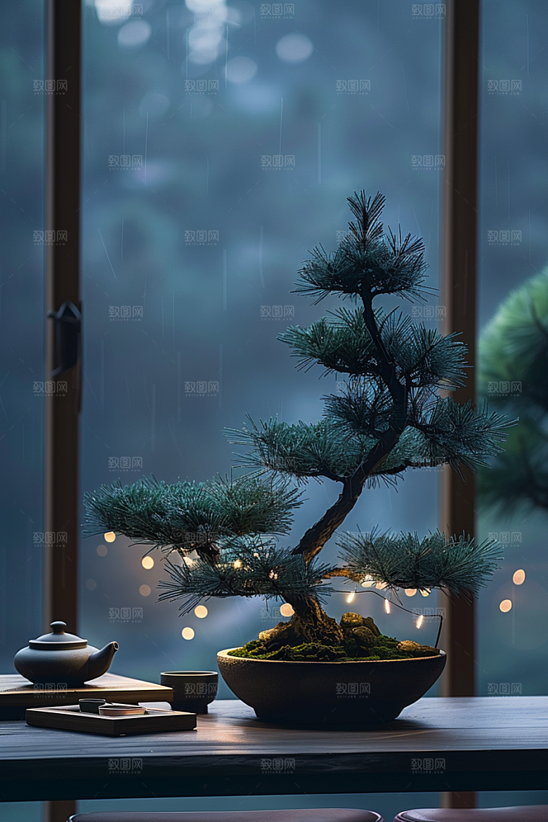 黑松盆景植物中式摄影图