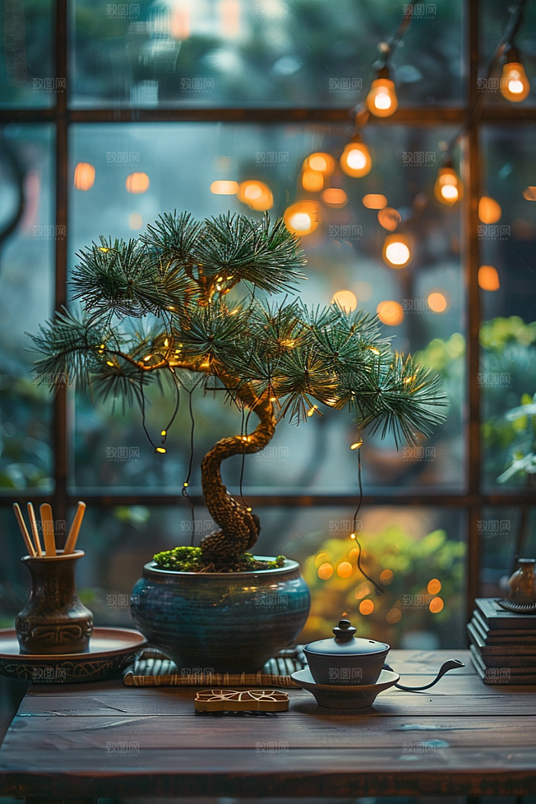 黑松盆景庭院松树摄影图