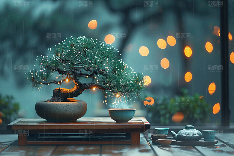 黑松盆景装饰优雅摄影图